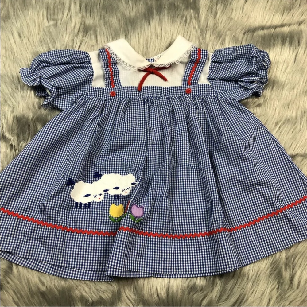 Vintage Baby Girls Blue White Checkered Sheep Tulip Dress